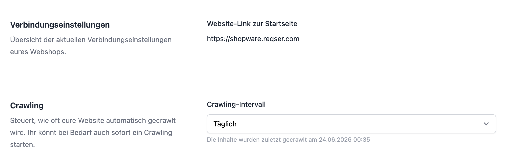 Einstellung des Crawling-Intervalls in den Website-Einstellungen