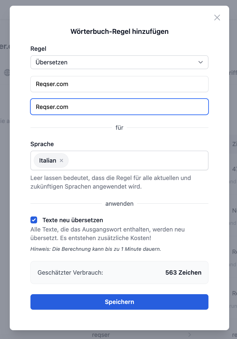 Formular zum Hinzufügen einer neuen Wörterbuchregel