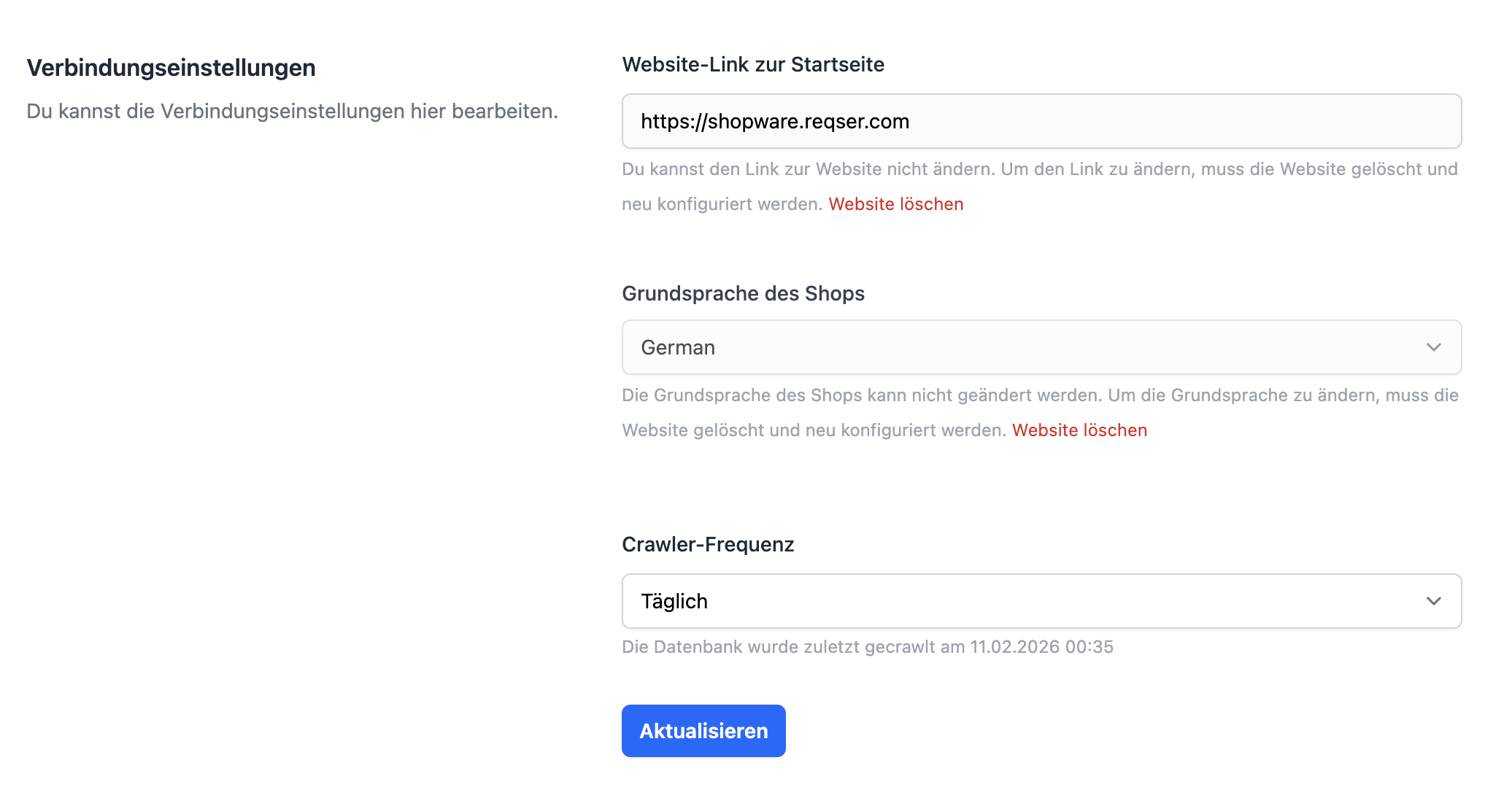 Einstellung der Crawler-Frequenz in den Website-Einstellungen