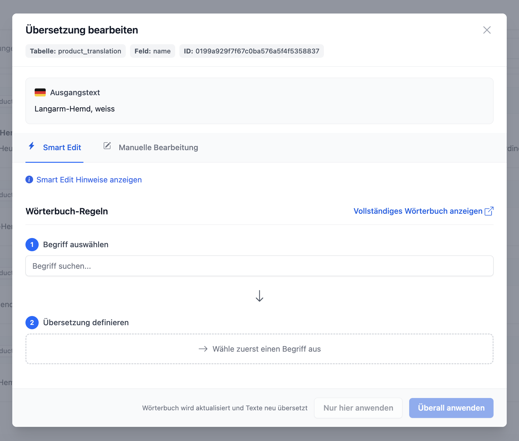 Bearbeitungsmodal zum manuellen Anpassen einer Übersetzung